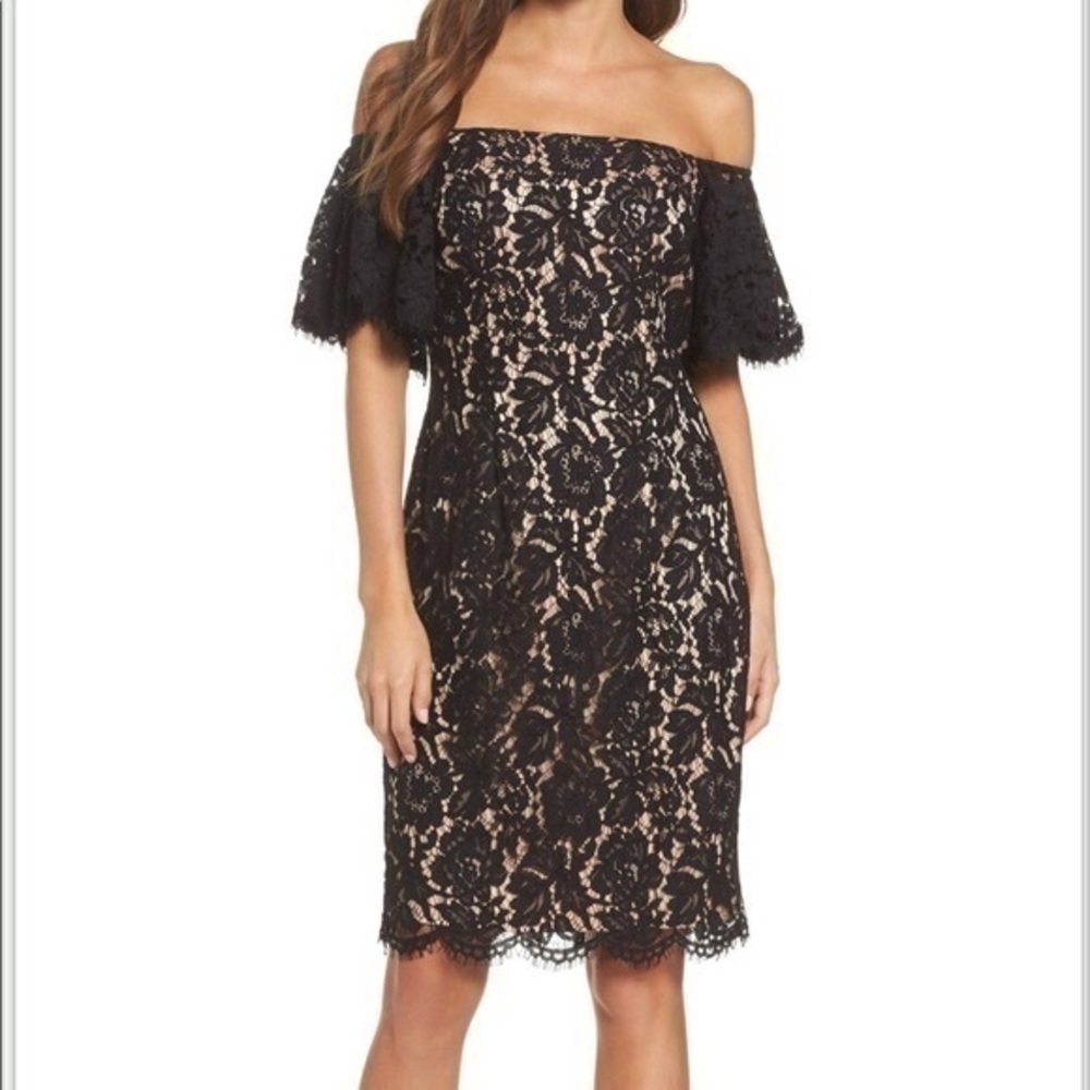 Eliza J black lace overlay with nude lining mini off shoulder dress 8